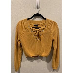 KENDALL & KYLIE Mustard Long Sleeve Lace Up V Neck Cropped Sweater
